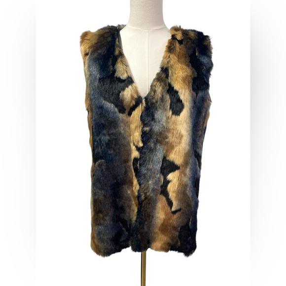Arianna By Howard’s Faux Fur Vest Black Blue Tan hook & Eye Like New  Sm/M - Picture 1 of 12